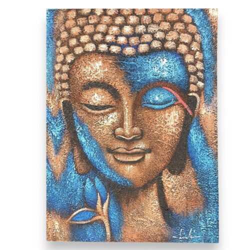 Boeddha-schilderij - Brons & Blauwe Bloem 75x55cm